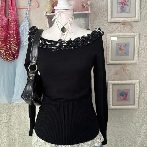 vintage black polka dot‎ grunge off the shoulder top - Picture 3 of 7